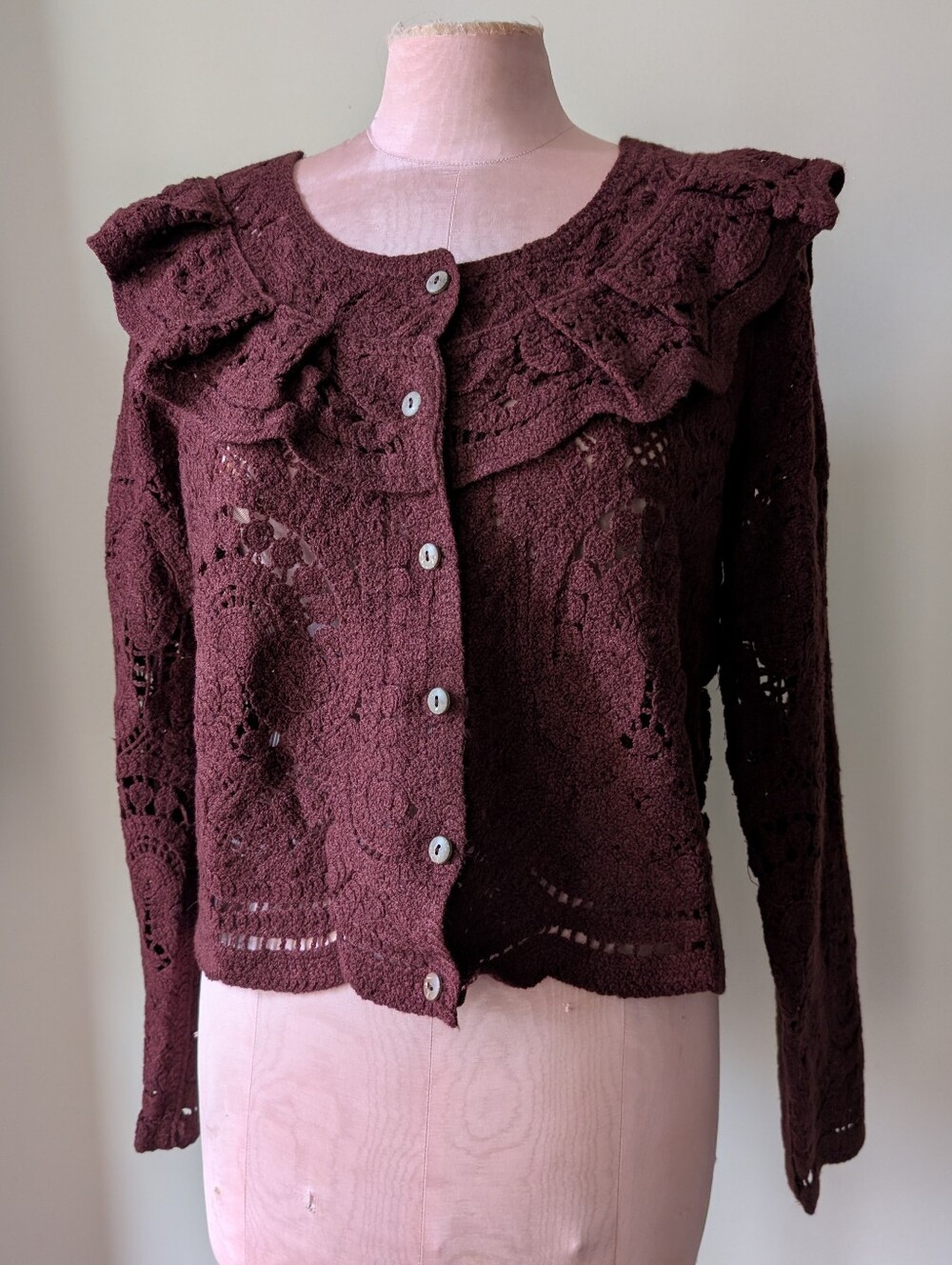 Deep Red Brown Crochet Cardigan Ruffled Romantic M